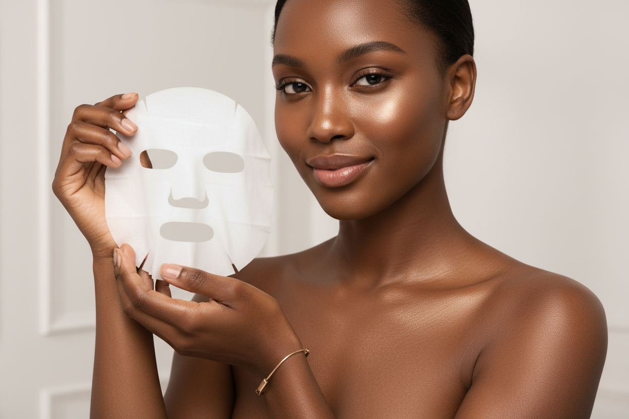 darkskin woman with glowing skin hold the skin mask